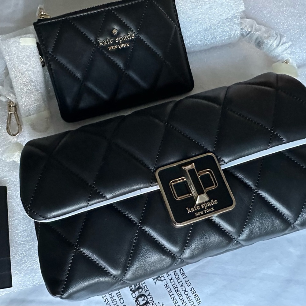 kate spade Black Quilted Leather Fold-Over Clutch with Coin Pouch